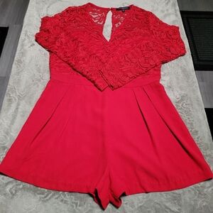 One Clothing Womens V-Neck Back Out Lace Long Sleeves Elegant Romper Red Size XL